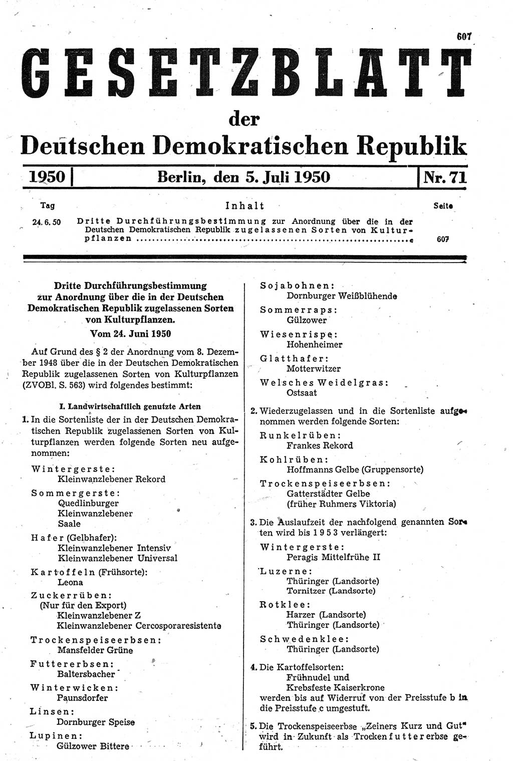 Gesetzblatt (GBl.) der Deutschen Demokratischen Republik (DDR) 1950, Seite 607 (GBl. DDR 1950, S. 607)