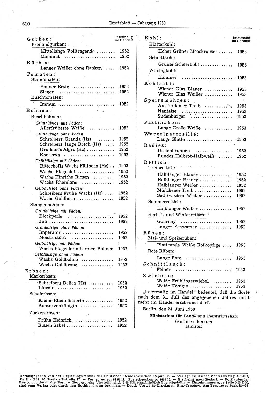 Gesetzblatt (GBl.) der Deutschen Demokratischen Republik (DDR) 1950, Seite 610 (GBl. DDR 1950, S. 610)