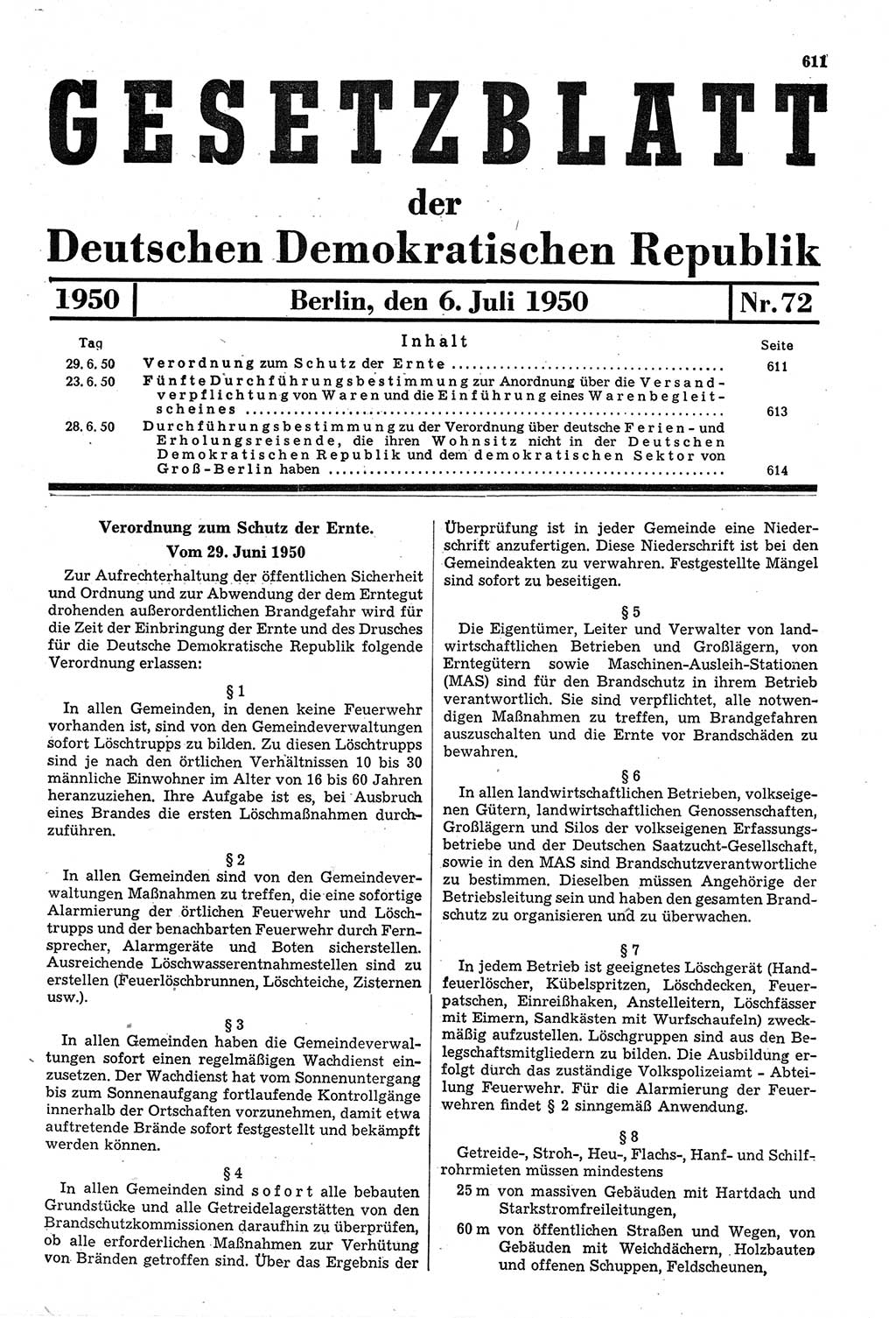 Gesetzblatt (GBl.) der Deutschen Demokratischen Republik (DDR) 1950, Seite 611 (GBl. DDR 1950, S. 611)
