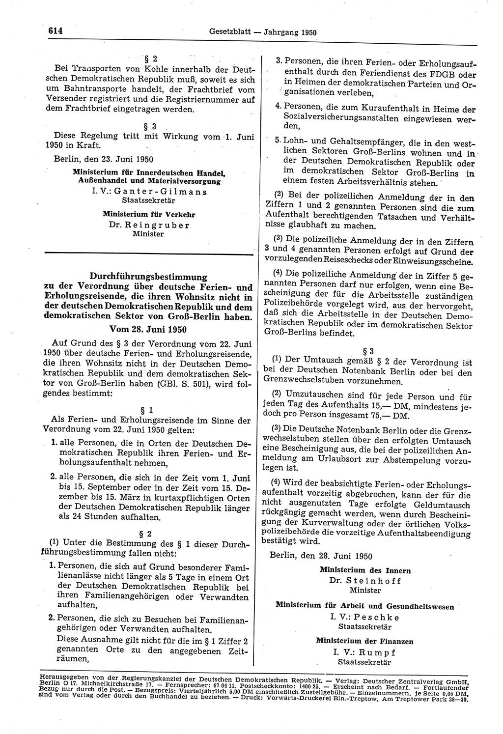 Gesetzblatt (GBl.) der Deutschen Demokratischen Republik (DDR) 1950, Seite 614 (GBl. DDR 1950, S. 614)