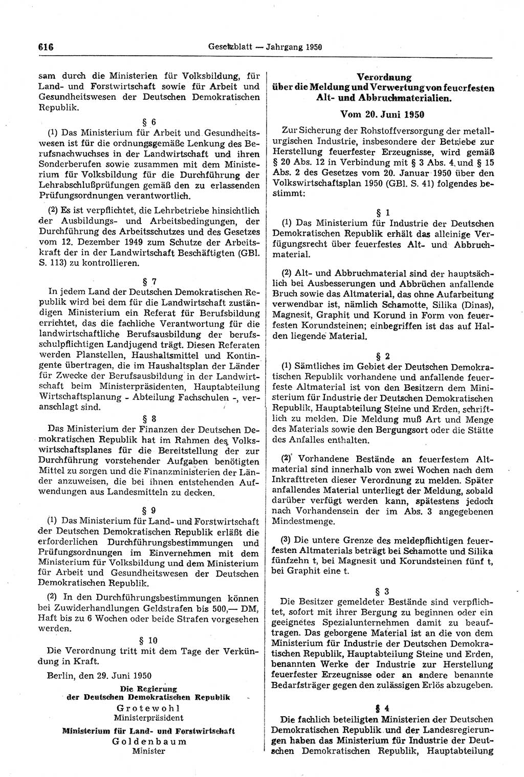 Gesetzblatt (GBl.) der Deutschen Demokratischen Republik (DDR) 1950, Seite 616 (GBl. DDR 1950, S. 616)