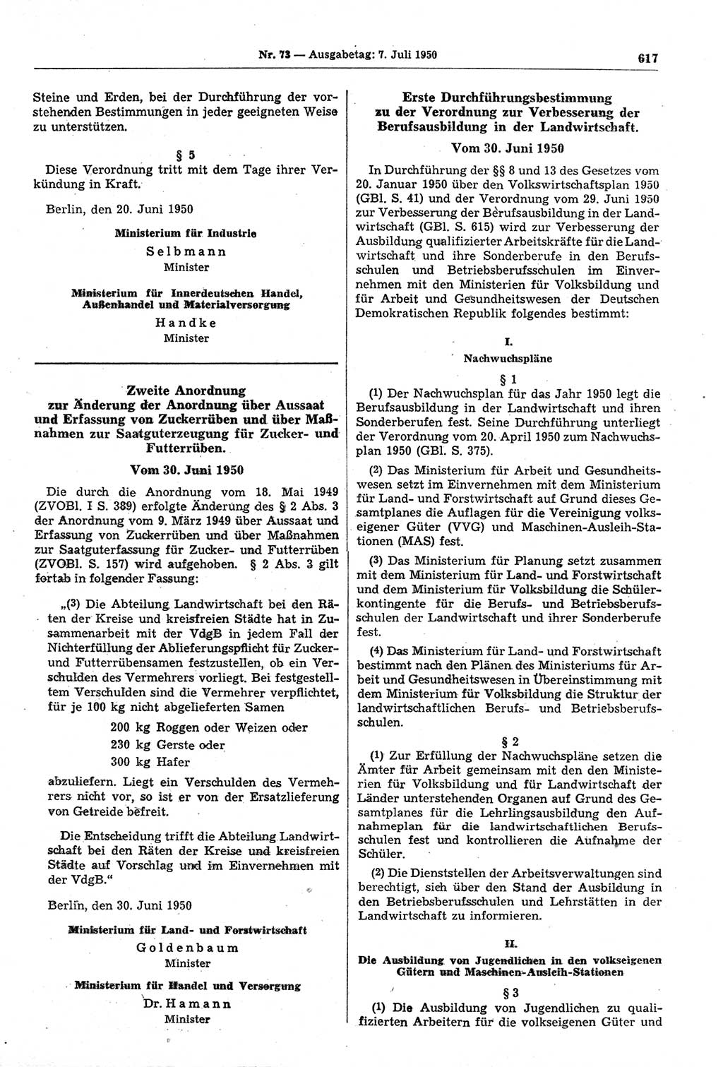 Gesetzblatt (GBl.) der Deutschen Demokratischen Republik (DDR) 1950, Seite 617 (GBl. DDR 1950, S. 617)