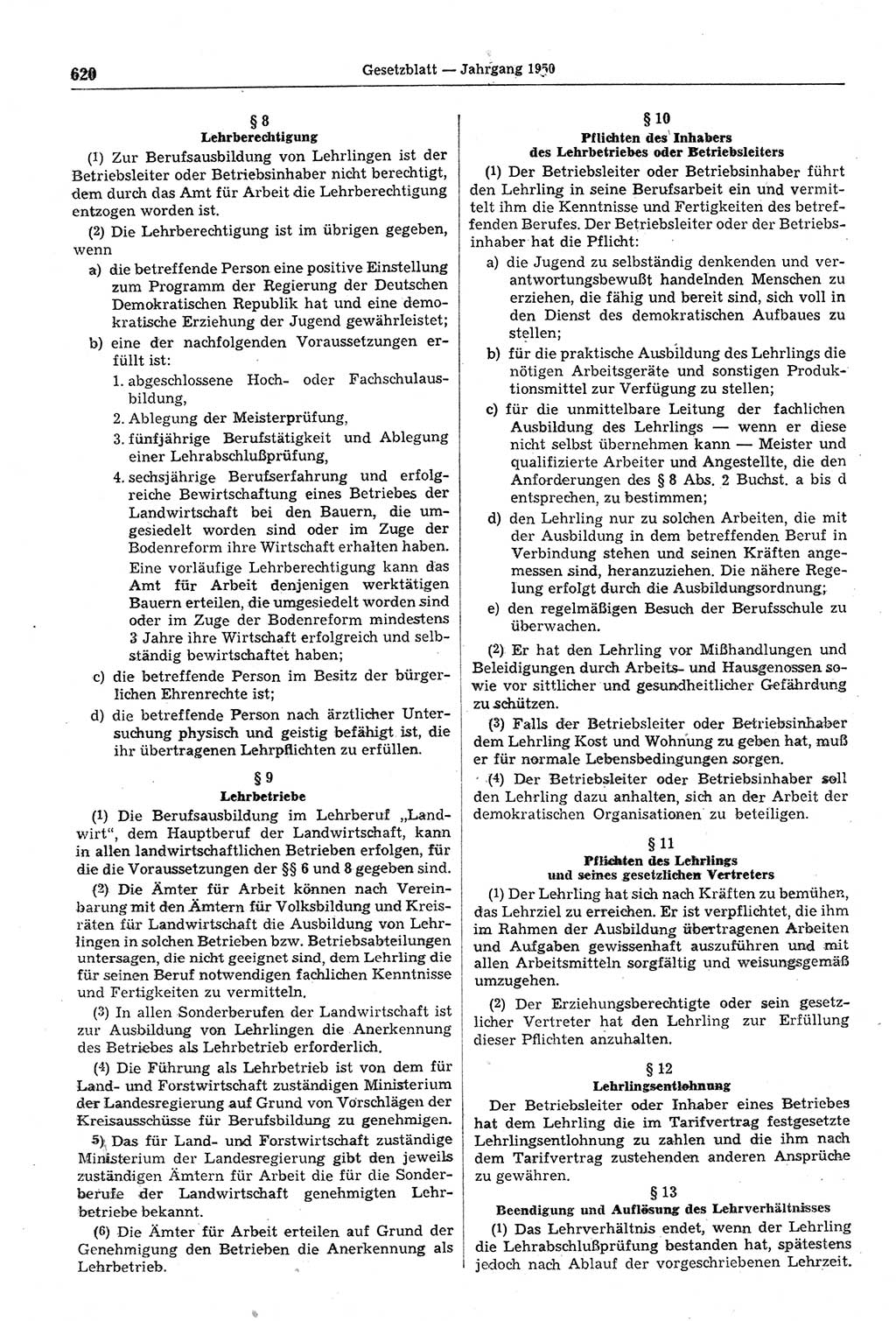 Gesetzblatt (GBl.) der Deutschen Demokratischen Republik (DDR) 1950, Seite 620 (GBl. DDR 1950, S. 620)
