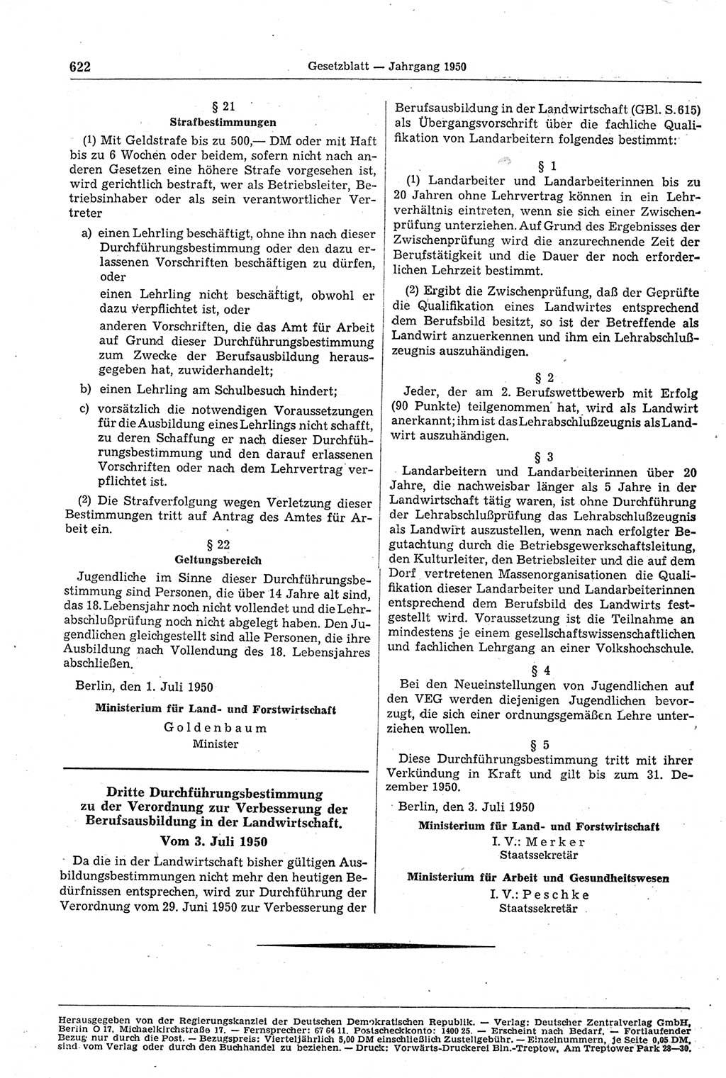 Gesetzblatt (GBl.) der Deutschen Demokratischen Republik (DDR) 1950, Seite 622 (GBl. DDR 1950, S. 622)