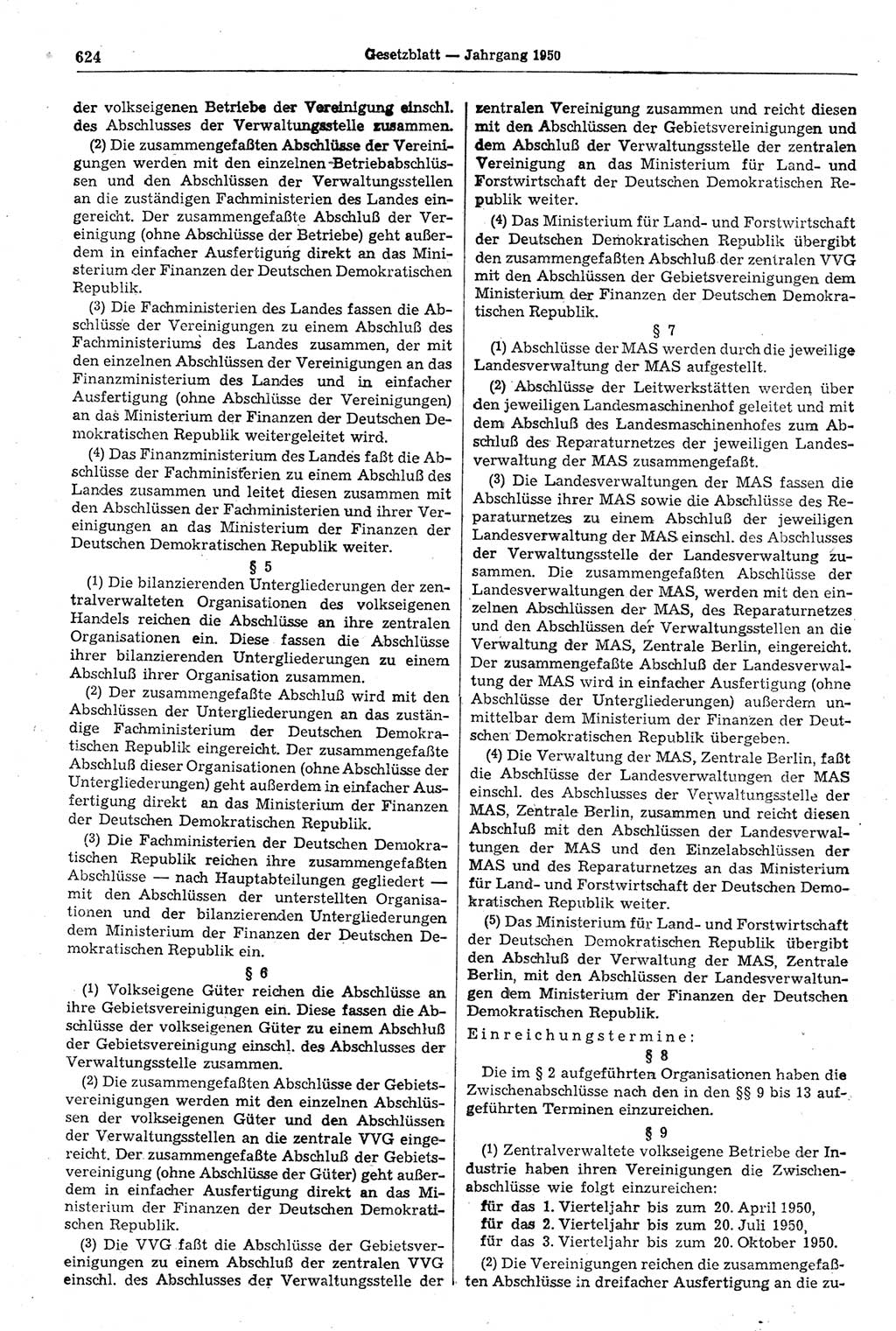 Gesetzblatt (GBl.) der Deutschen Demokratischen Republik (DDR) 1950, Seite 624 (GBl. DDR 1950, S. 624)