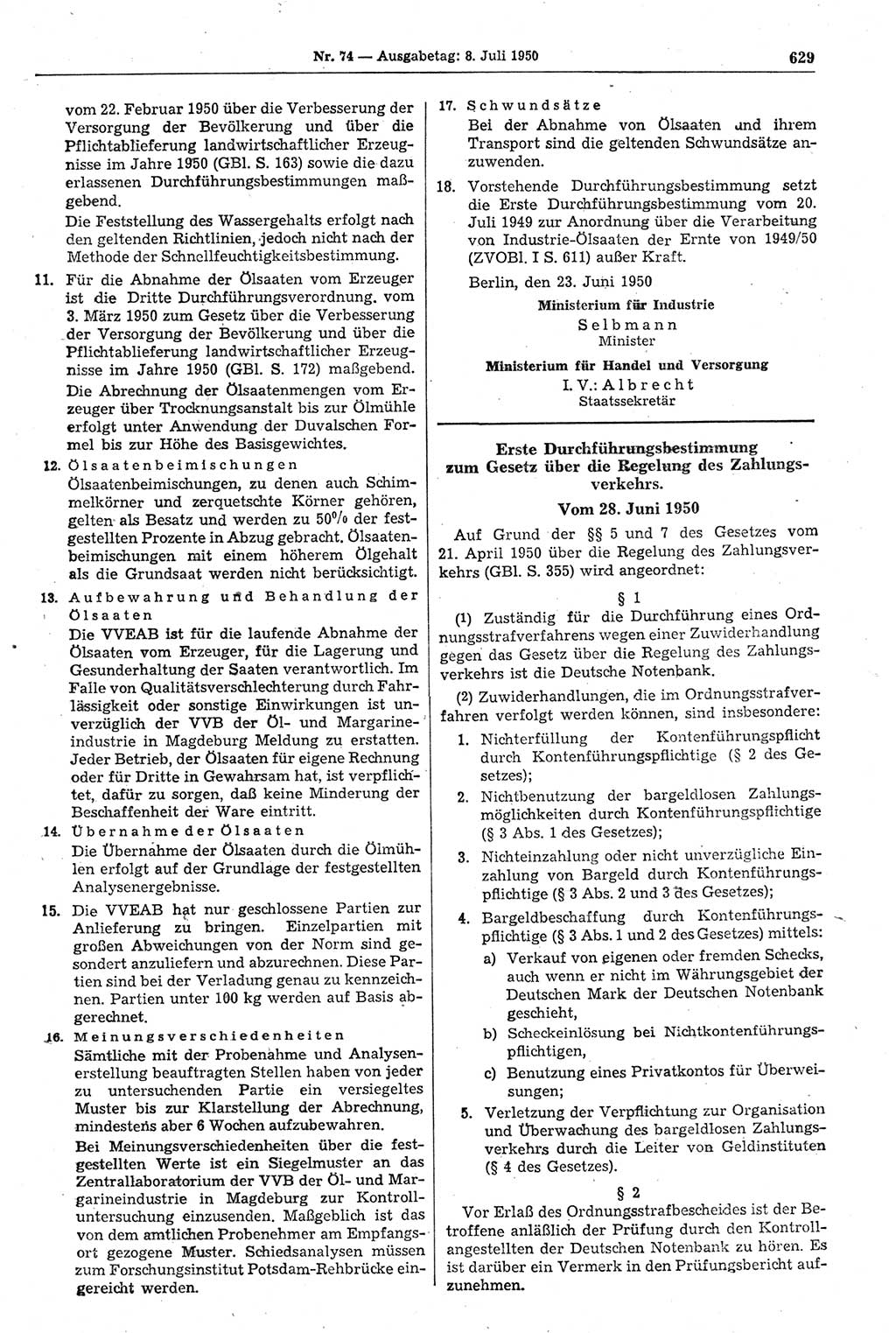 Gesetzblatt (GBl.) der Deutschen Demokratischen Republik (DDR) 1950, Seite 629 (GBl. DDR 1950, S. 629)