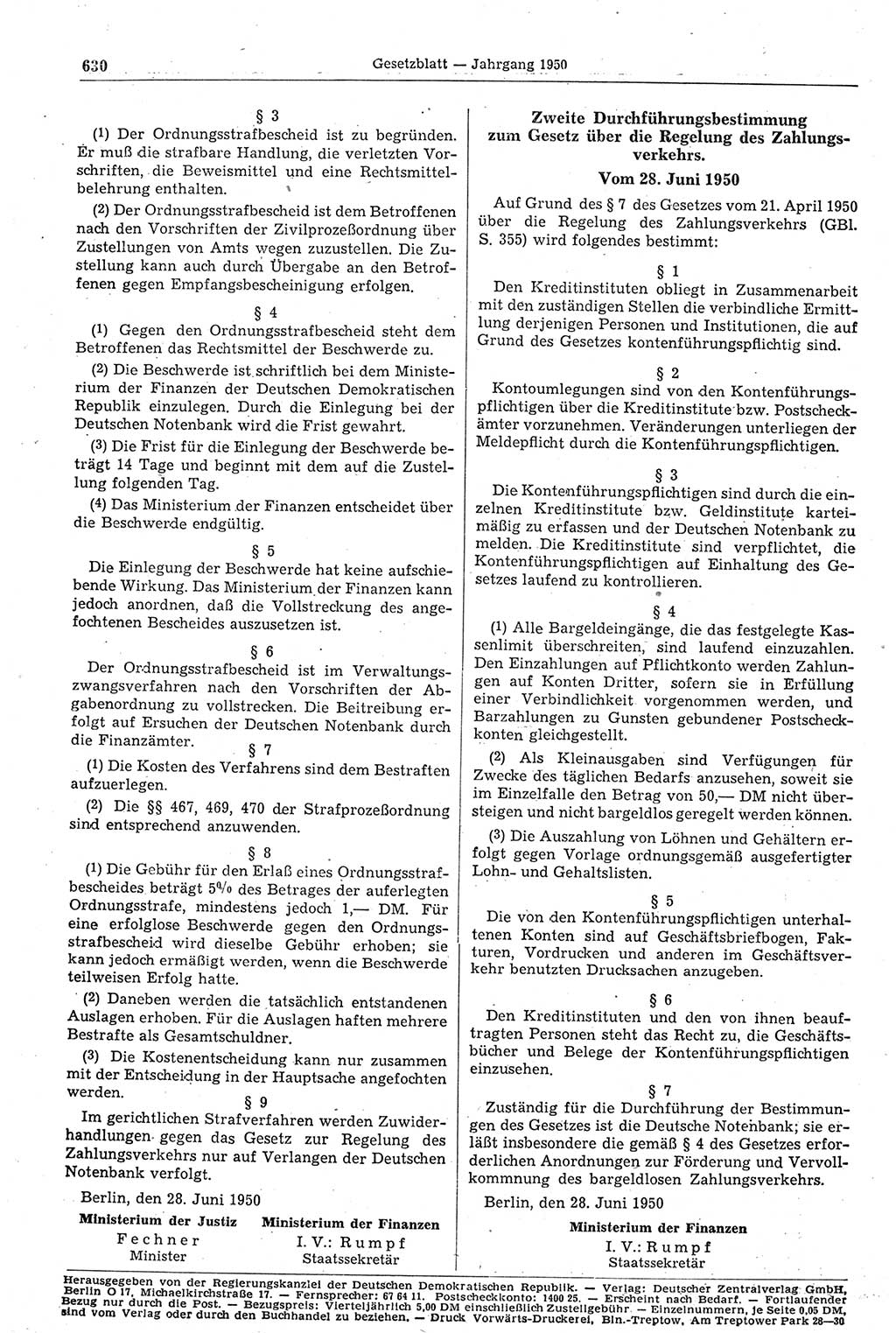 Gesetzblatt (GBl.) der Deutschen Demokratischen Republik (DDR) 1950, Seite 630 (GBl. DDR 1950, S. 630)