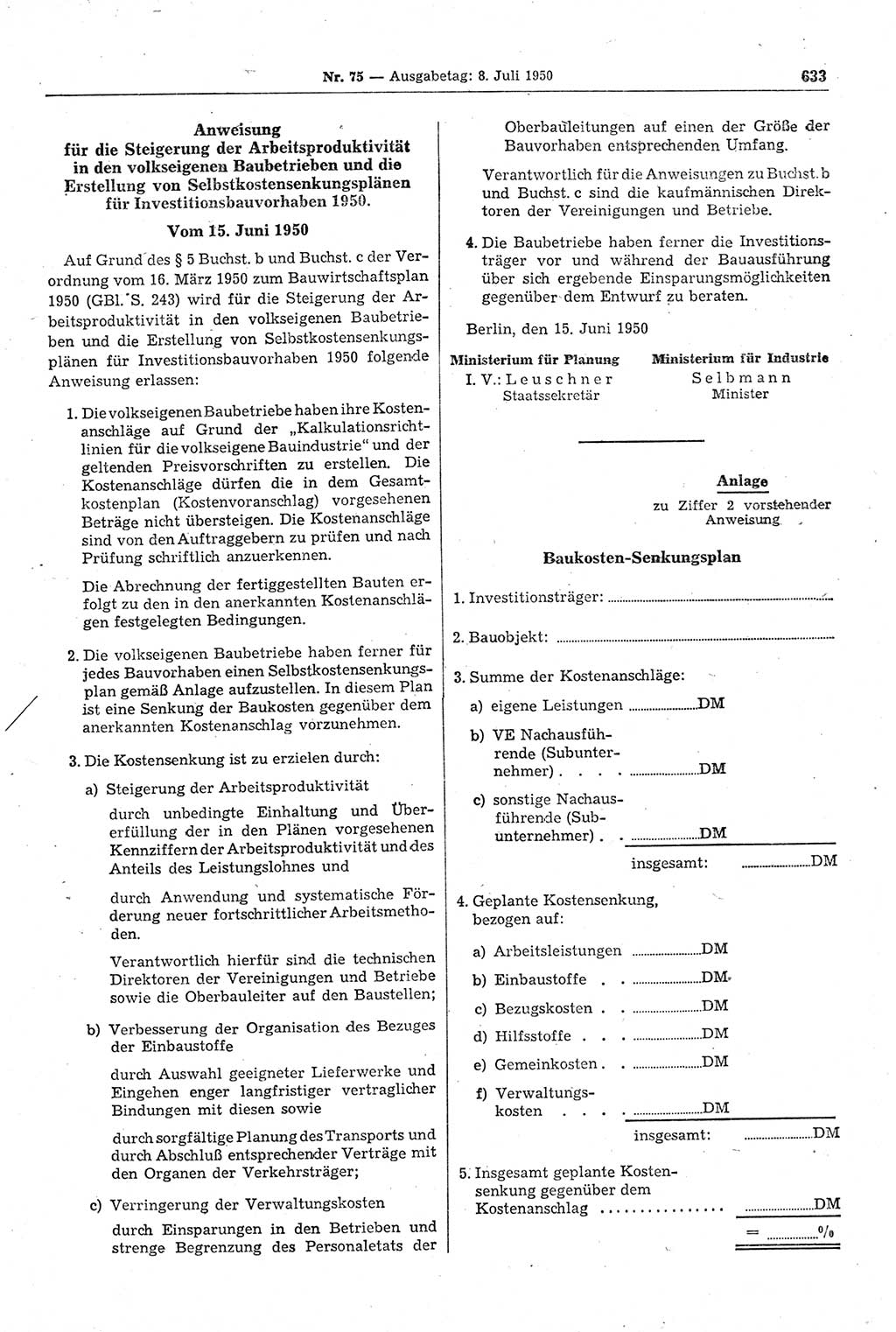 Gesetzblatt (GBl.) der Deutschen Demokratischen Republik (DDR) 1950, Seite 633 (GBl. DDR 1950, S. 633)