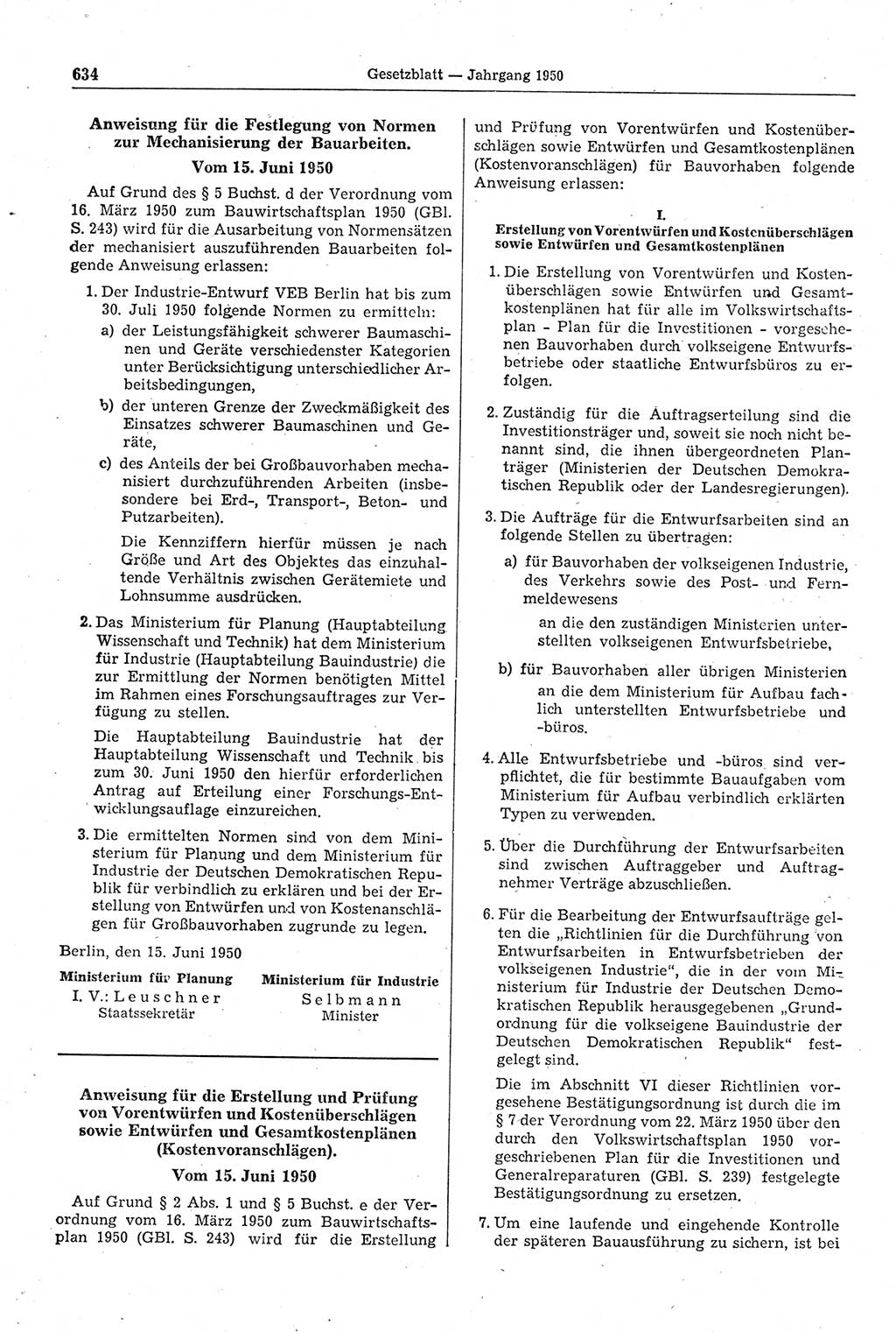 Gesetzblatt (GBl.) der Deutschen Demokratischen Republik (DDR) 1950, Seite 634 (GBl. DDR 1950, S. 634)