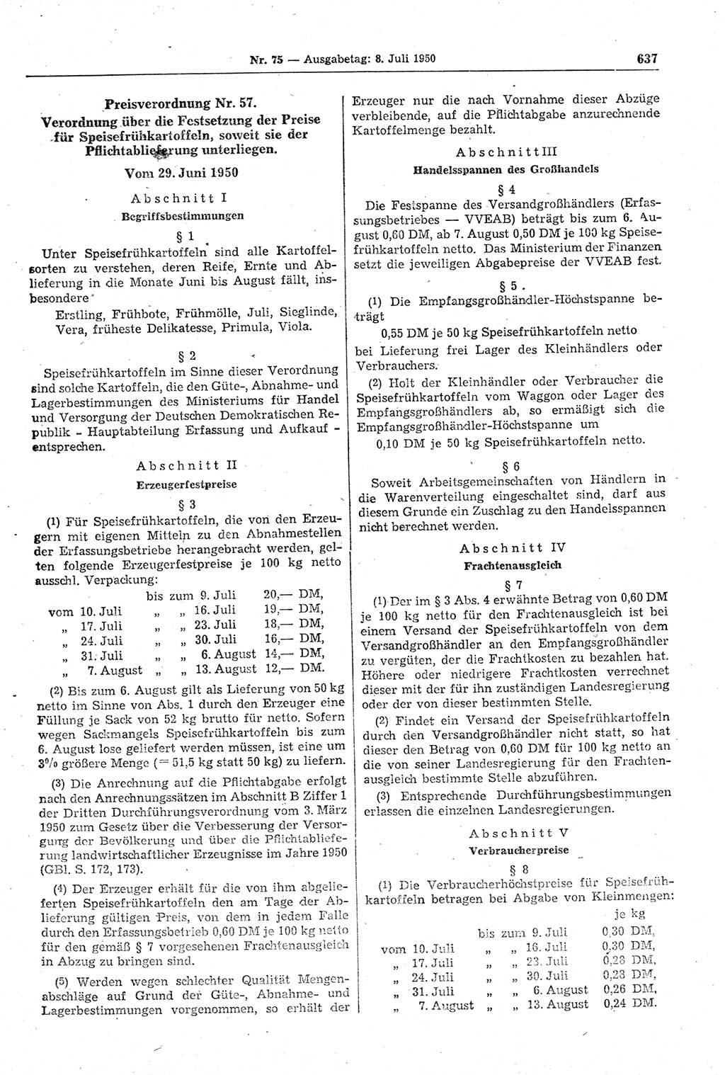 Gesetzblatt (GBl.) der Deutschen Demokratischen Republik (DDR) 1950, Seite 637 (GBl. DDR 1950, S. 637)