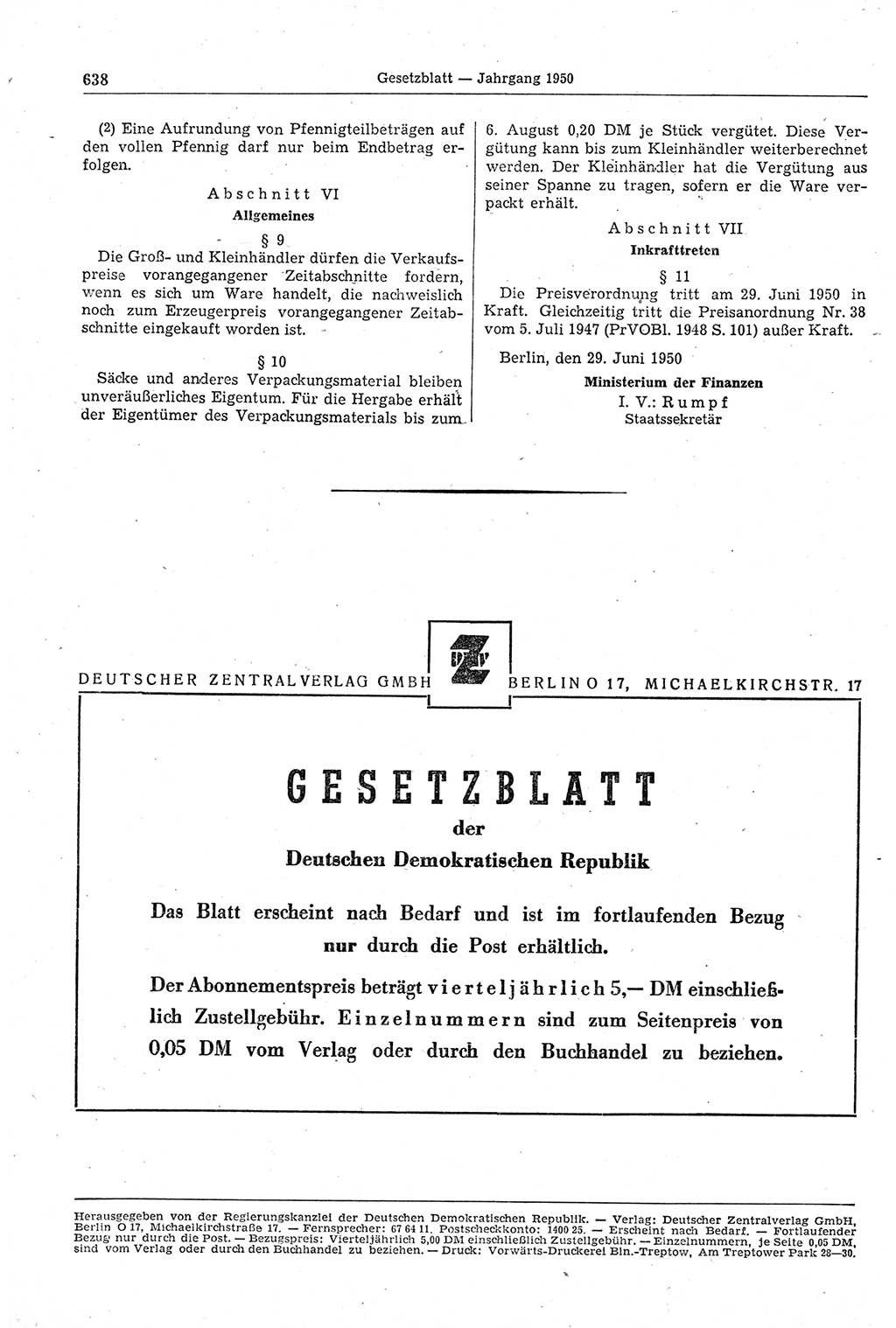 Gesetzblatt (GBl.) der Deutschen Demokratischen Republik (DDR) 1950, Seite 638 (GBl. DDR 1950, S. 638)
