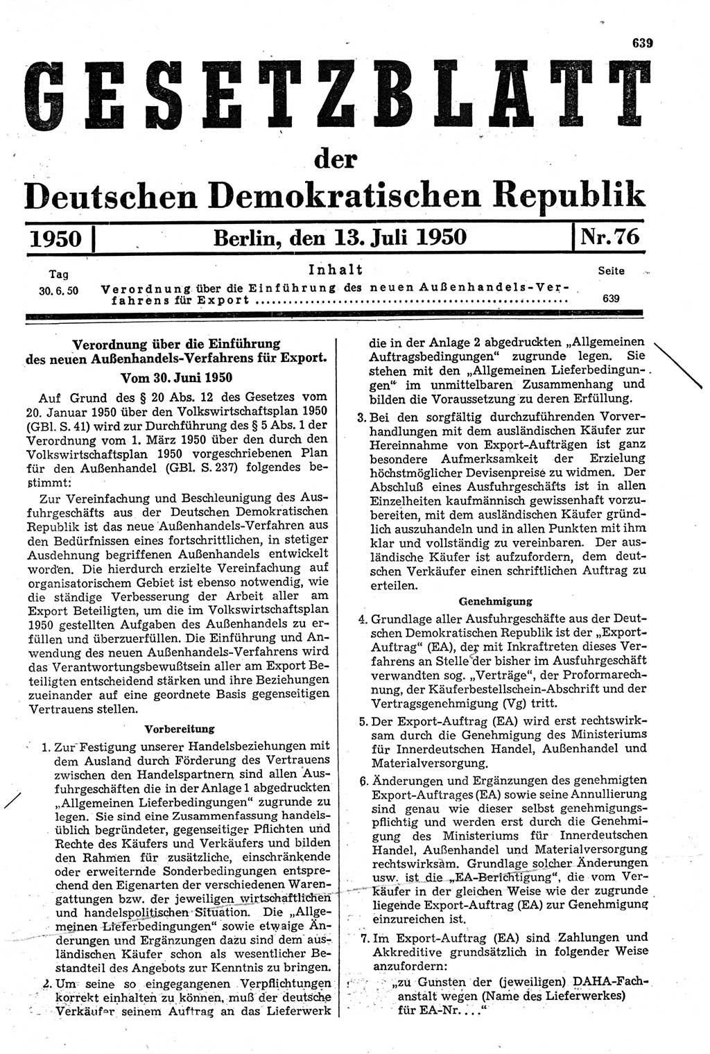 Gesetzblatt (GBl.) der Deutschen Demokratischen Republik (DDR) 1950, Seite 639 (GBl. DDR 1950, S. 639)
