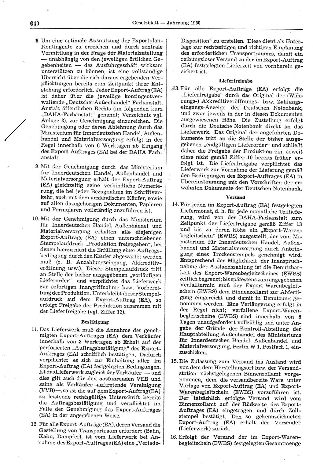 Gesetzblatt (GBl.) der Deutschen Demokratischen Republik (DDR) 1950, Seite 640 (GBl. DDR 1950, S. 640)