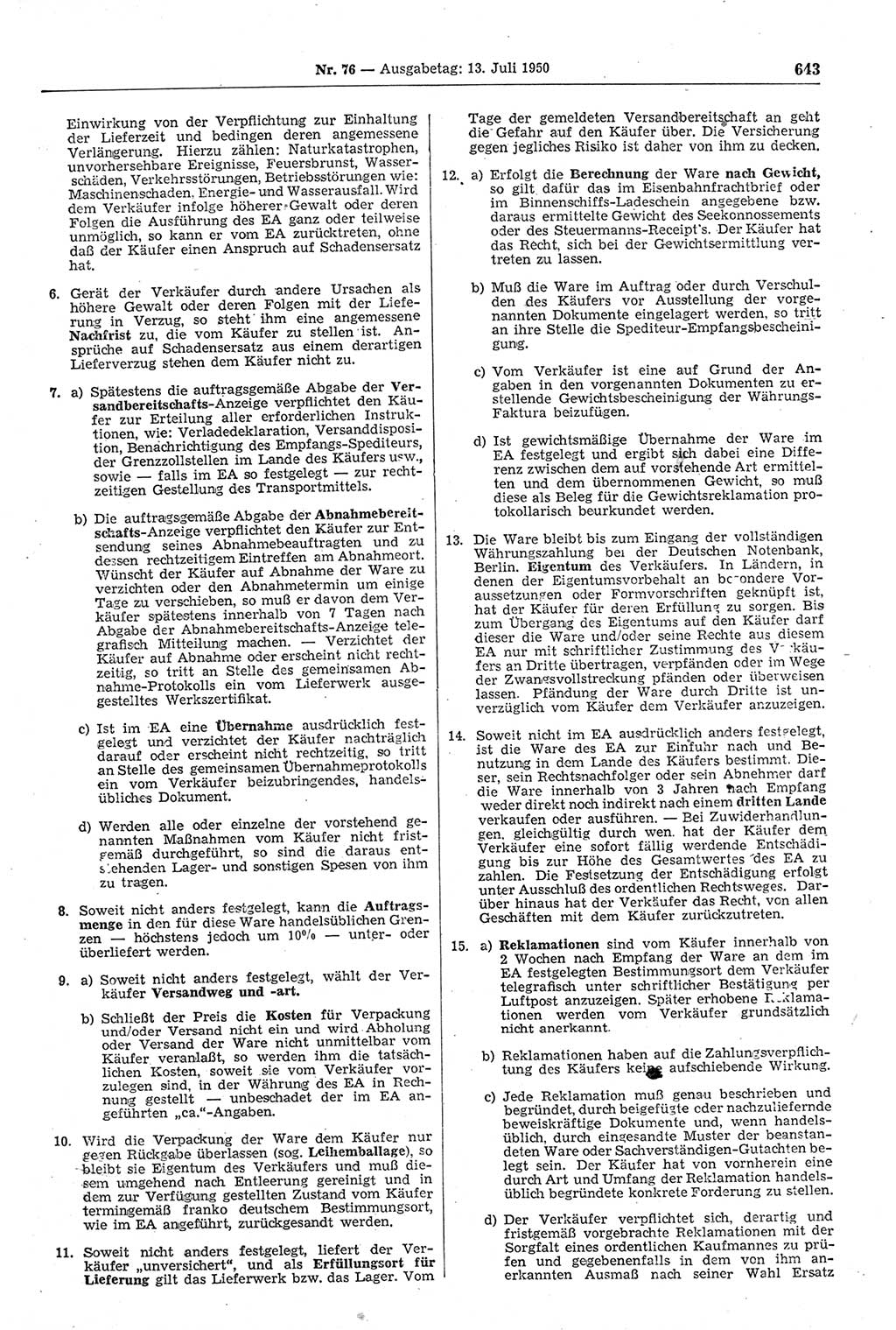 Gesetzblatt (GBl.) der Deutschen Demokratischen Republik (DDR) 1950, Seite 643 (GBl. DDR 1950, S. 643)
