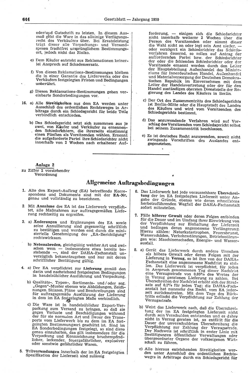 Gesetzblatt (GBl.) der Deutschen Demokratischen Republik (DDR) 1950, Seite 644 (GBl. DDR 1950, S. 644)