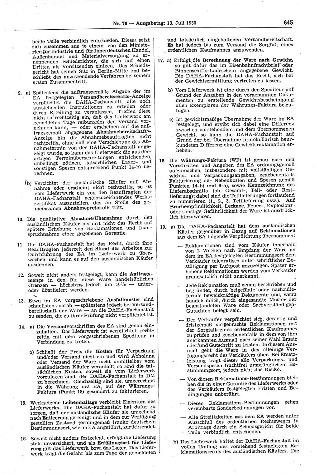 Gesetzblatt (GBl.) der Deutschen Demokratischen Republik (DDR) 1950, Seite 645 (GBl. DDR 1950, S. 645)