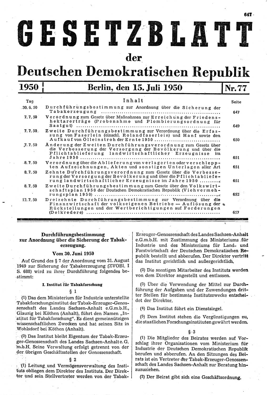 Gesetzblatt (GBl.) der Deutschen Demokratischen Republik (DDR) 1950, Seite 647 (GBl. DDR 1950, S. 647)