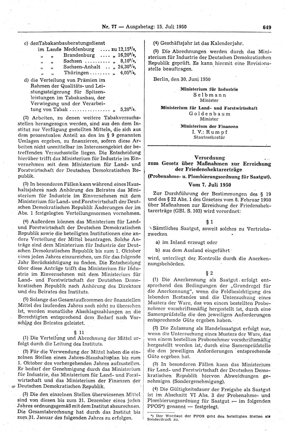 Gesetzblatt (GBl.) der Deutschen Demokratischen Republik (DDR) 1950, Seite 649 (GBl. DDR 1950, S. 649)