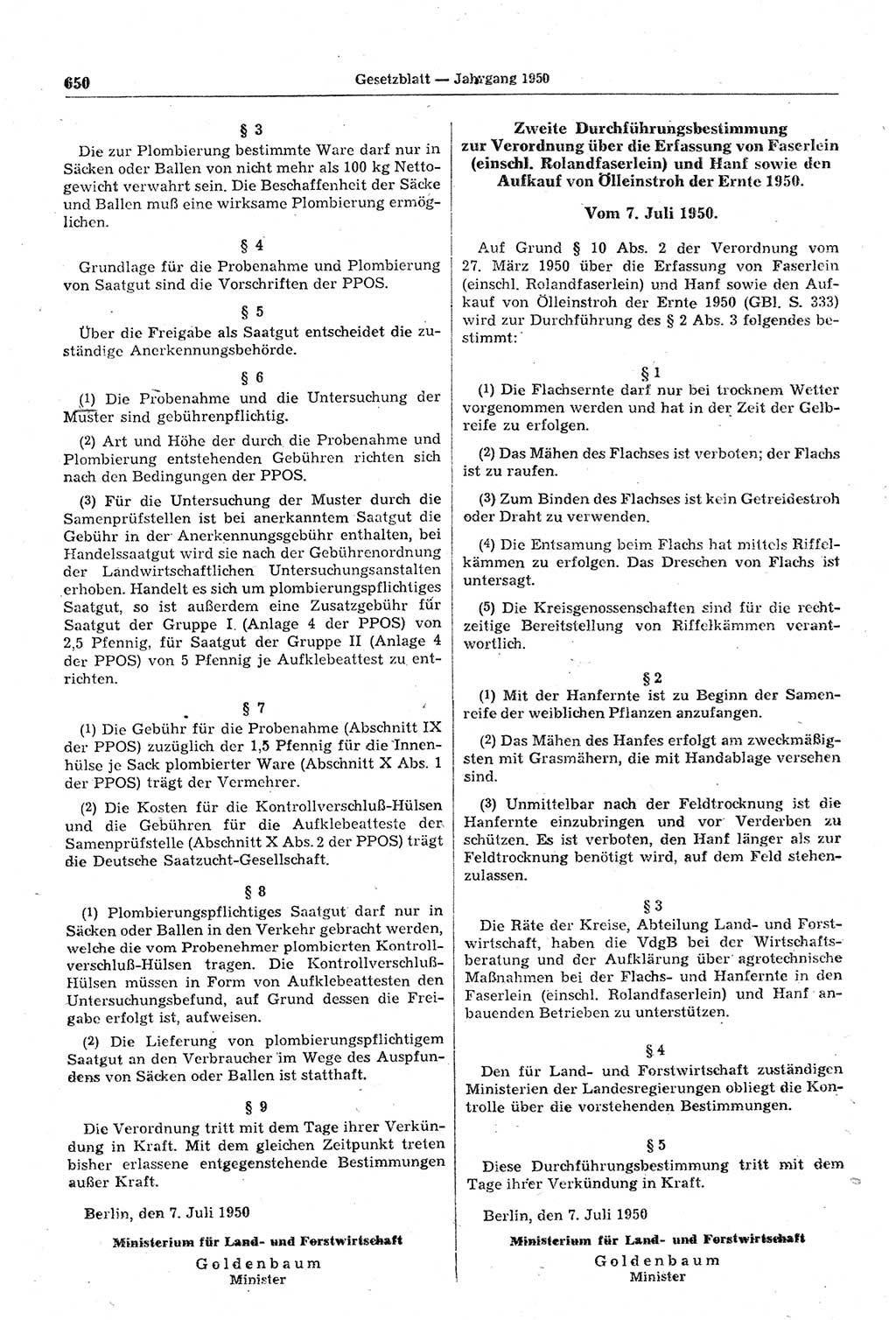 Gesetzblatt (GBl.) der Deutschen Demokratischen Republik (DDR) 1950, Seite 650 (GBl. DDR 1950, S. 650)