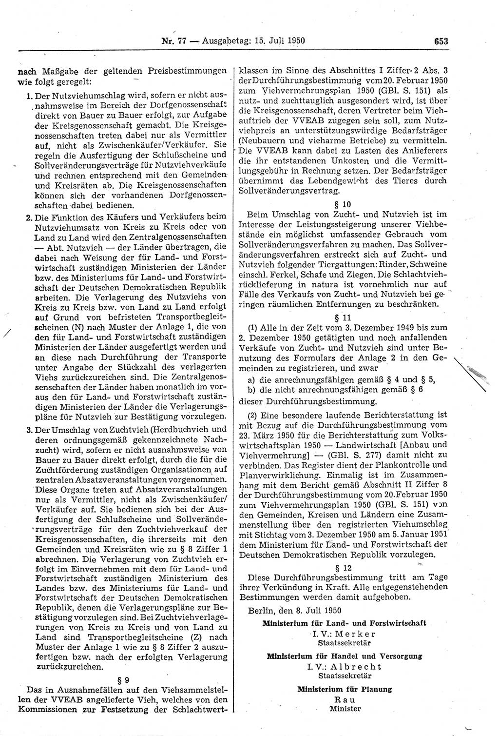 Gesetzblatt (GBl.) der Deutschen Demokratischen Republik (DDR) 1950, Seite 653 (GBl. DDR 1950, S. 653)
