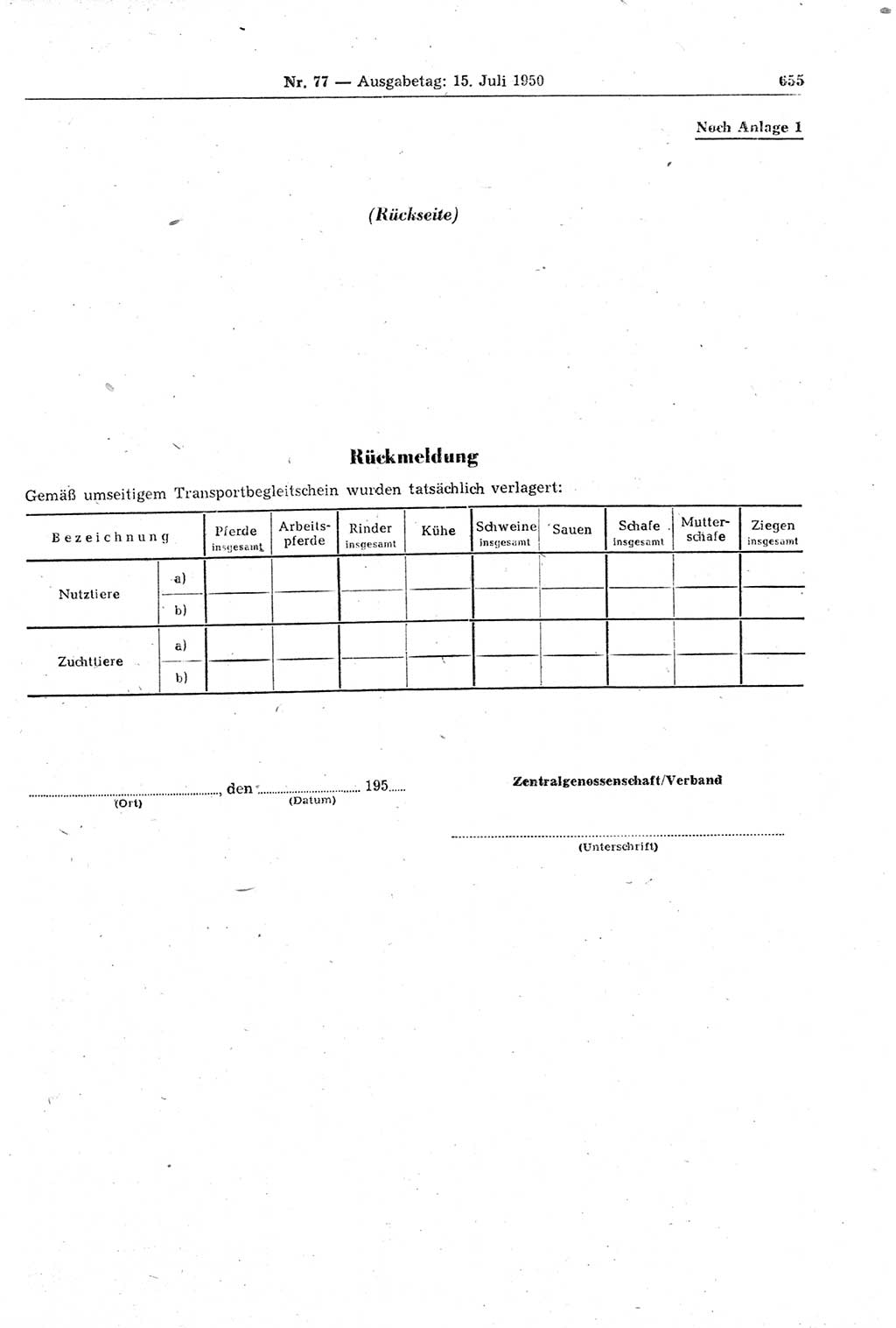 Gesetzblatt (GBl.) der Deutschen Demokratischen Republik (DDR) 1950, Seite 655 (GBl. DDR 1950, S. 655)