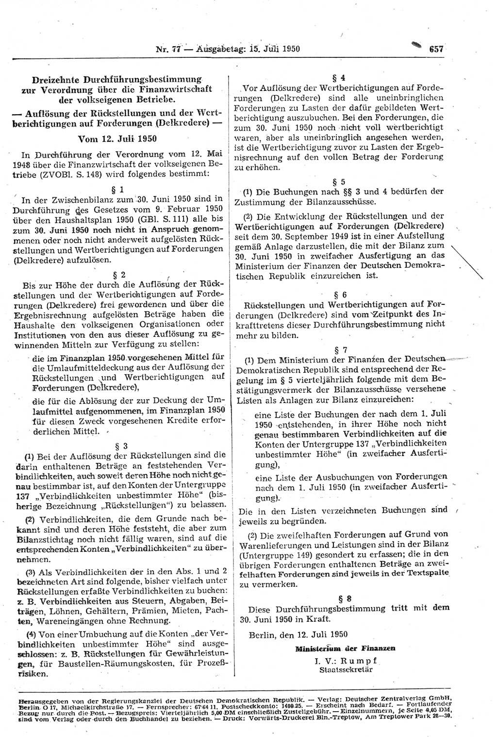 Gesetzblatt (GBl.) der Deutschen Demokratischen Republik (DDR) 1950, Seite 657 (GBl. DDR 1950, S. 657)