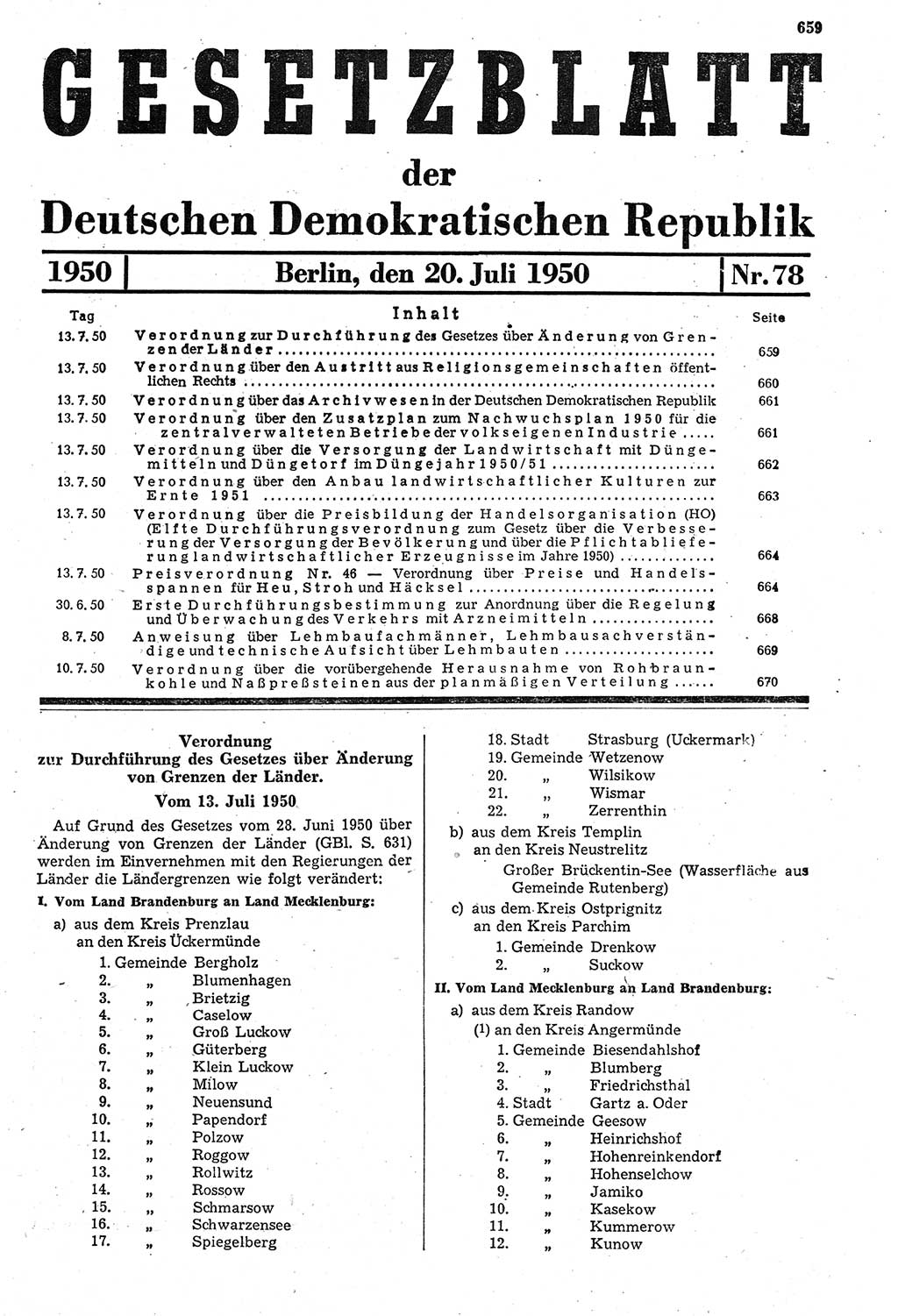 Gesetzblatt (GBl.) der Deutschen Demokratischen Republik (DDR) 1950, Seite 659 (GBl. DDR 1950, S. 659)