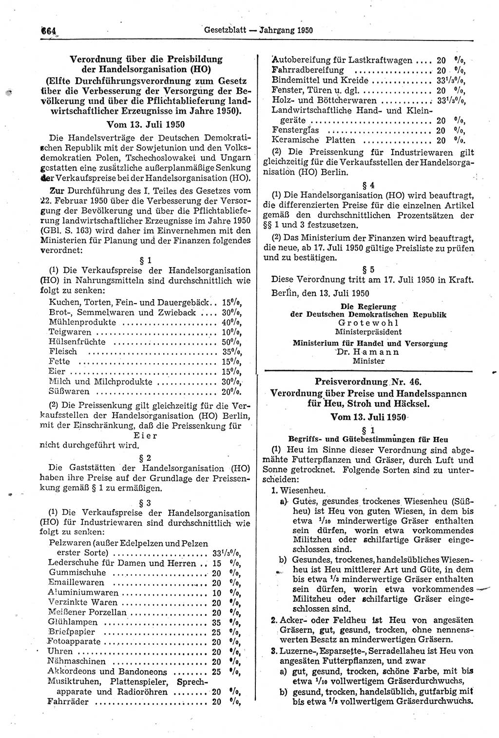 Gesetzblatt (GBl.) der Deutschen Demokratischen Republik (DDR) 1950, Seite 664 (GBl. DDR 1950, S. 664)