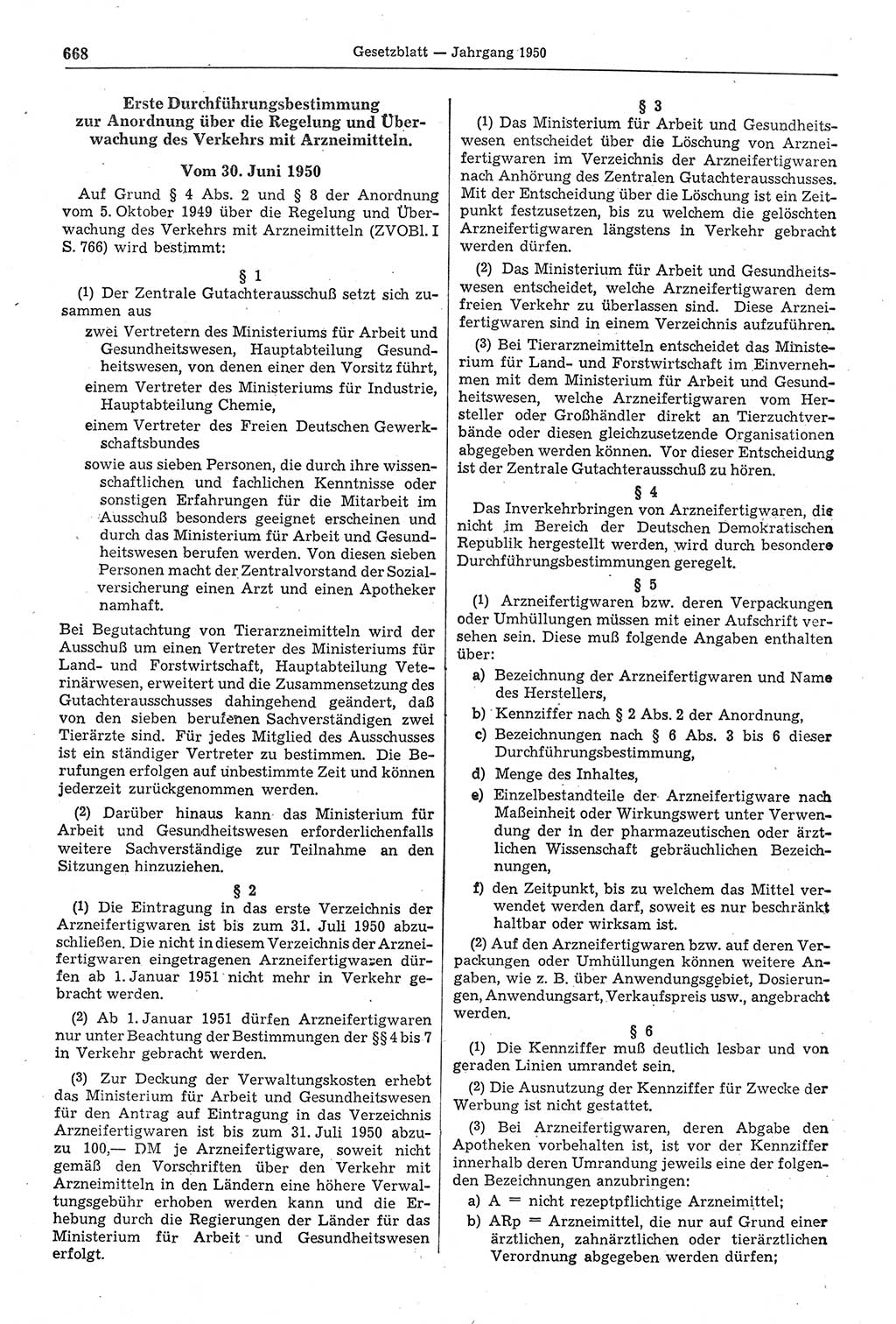 Gesetzblatt (GBl.) der Deutschen Demokratischen Republik (DDR) 1950, Seite 668 (GBl. DDR 1950, S. 668)