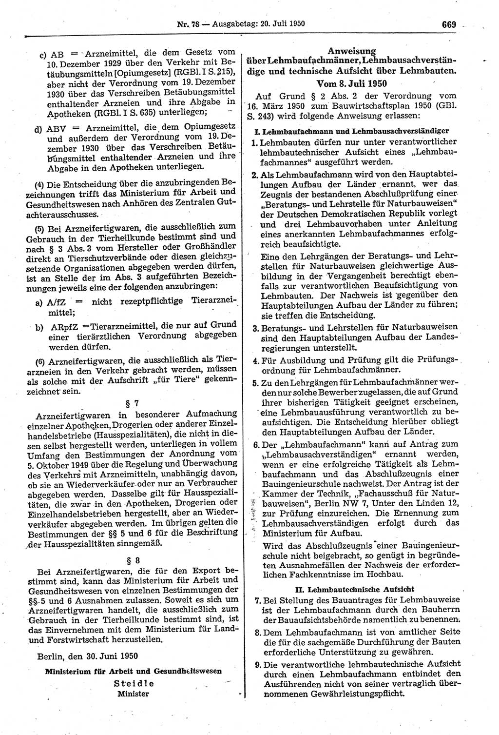 Gesetzblatt (GBl.) der Deutschen Demokratischen Republik (DDR) 1950, Seite 669 (GBl. DDR 1950, S. 669)