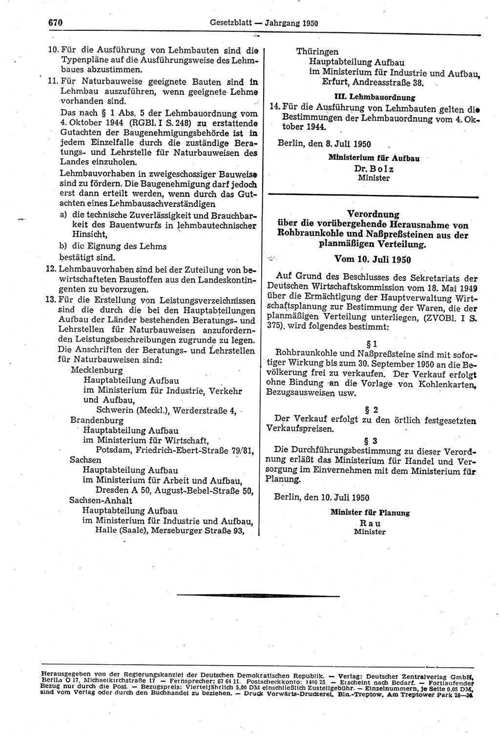 Gesetzblatt (GBl.) der Deutschen Demokratischen Republik (DDR) 1950, Seite 670 (GBl. DDR 1950, S. 670)