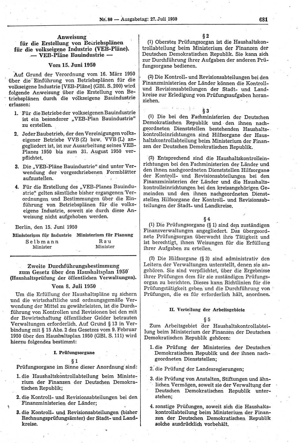 Gesetzblatt (GBl.) der Deutschen Demokratischen Republik (DDR) 1950, Seite 681 (GBl. DDR 1950, S. 681)