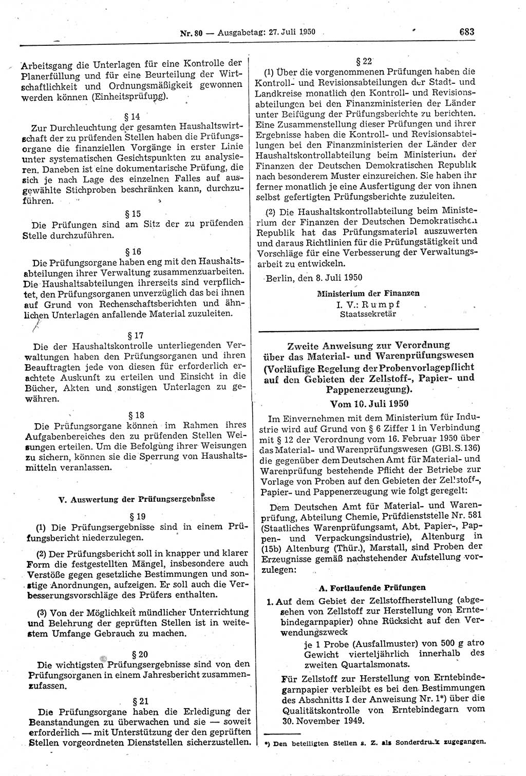 Gesetzblatt (GBl.) der Deutschen Demokratischen Republik (DDR) 1950, Seite 683 (GBl. DDR 1950, S. 683)