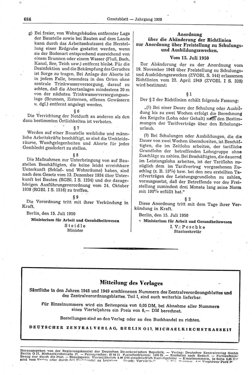 Gesetzblatt (GBl.) der Deutschen Demokratischen Republik (DDR) 1950, Seite 686 (GBl. DDR 1950, S. 686)