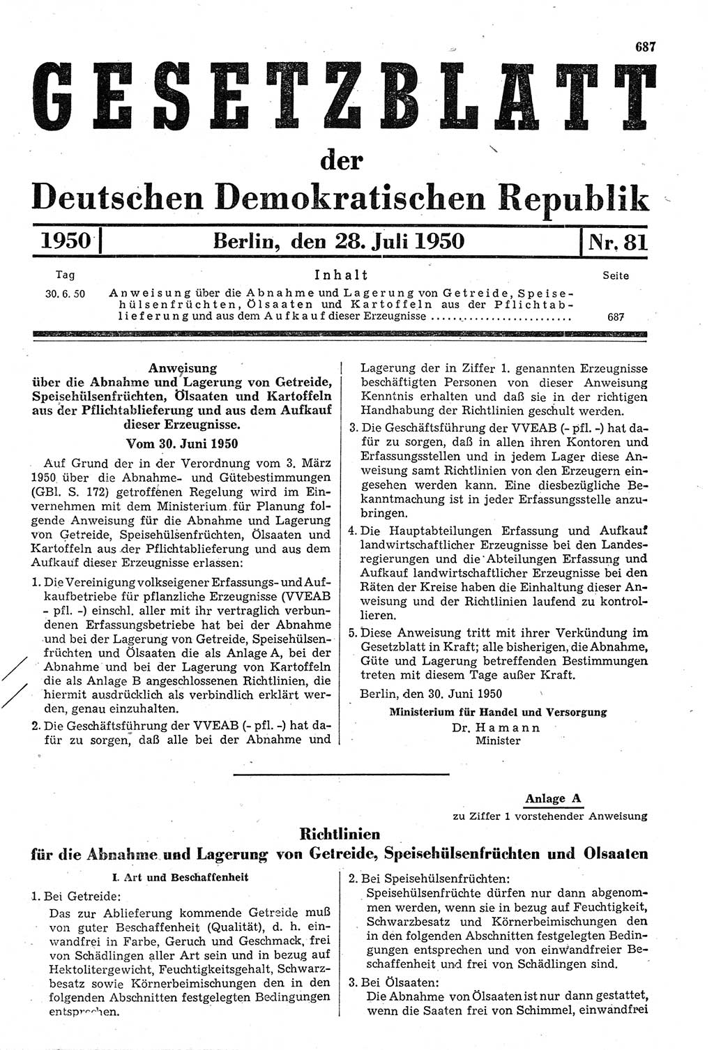 Gesetzblatt (GBl.) der Deutschen Demokratischen Republik (DDR) 1950, Seite 687 (GBl. DDR 1950, S. 687)