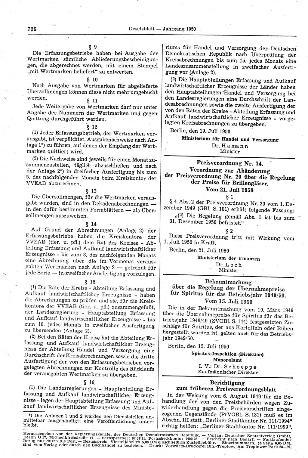 Gesetzblatt (GBl.) der Deutschen Demokratischen Republik (DDR) 1950, Seite 706 (GBl. DDR 1950, S. 706)