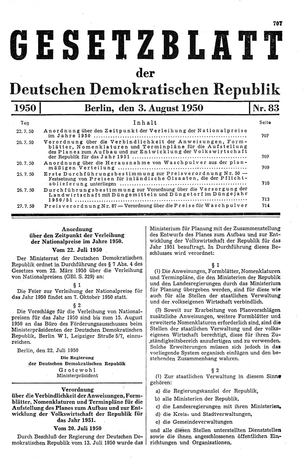 Gesetzblatt (GBl.) der Deutschen Demokratischen Republik (DDR) 1950, Seite 707 (GBl. DDR 1950, S. 707)