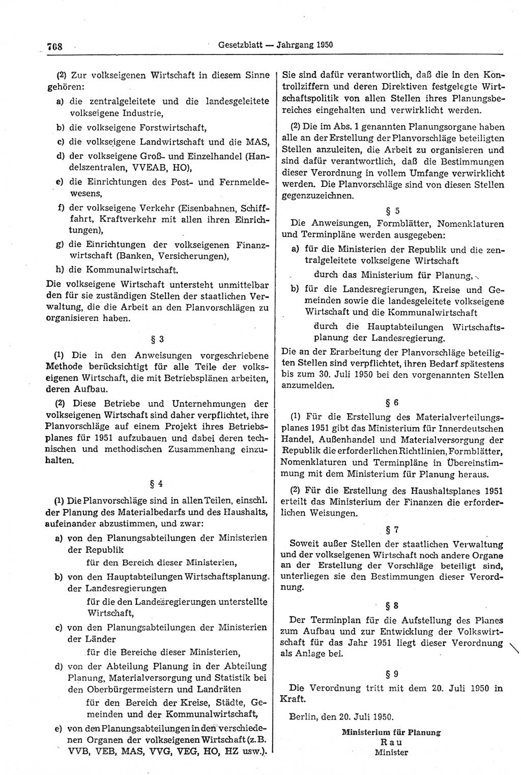 Gesetzblatt (GBl.) der Deutschen Demokratischen Republik (DDR) 1950, Seite 708 (GBl. DDR 1950, S. 708)
