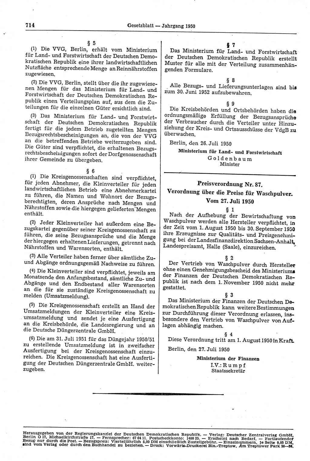 Gesetzblatt (GBl.) der Deutschen Demokratischen Republik (DDR) 1950, Seite 714 (GBl. DDR 1950, S. 714)