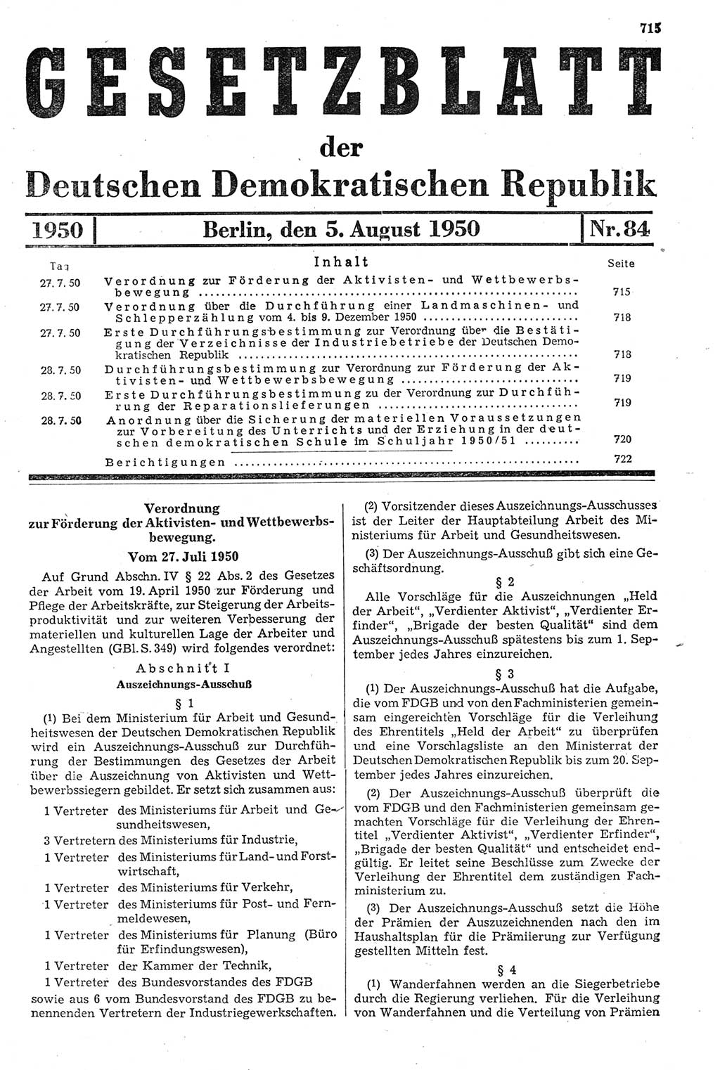 Gesetzblatt (GBl.) der Deutschen Demokratischen Republik (DDR) 1950, Seite 715 (GBl. DDR 1950, S. 715)