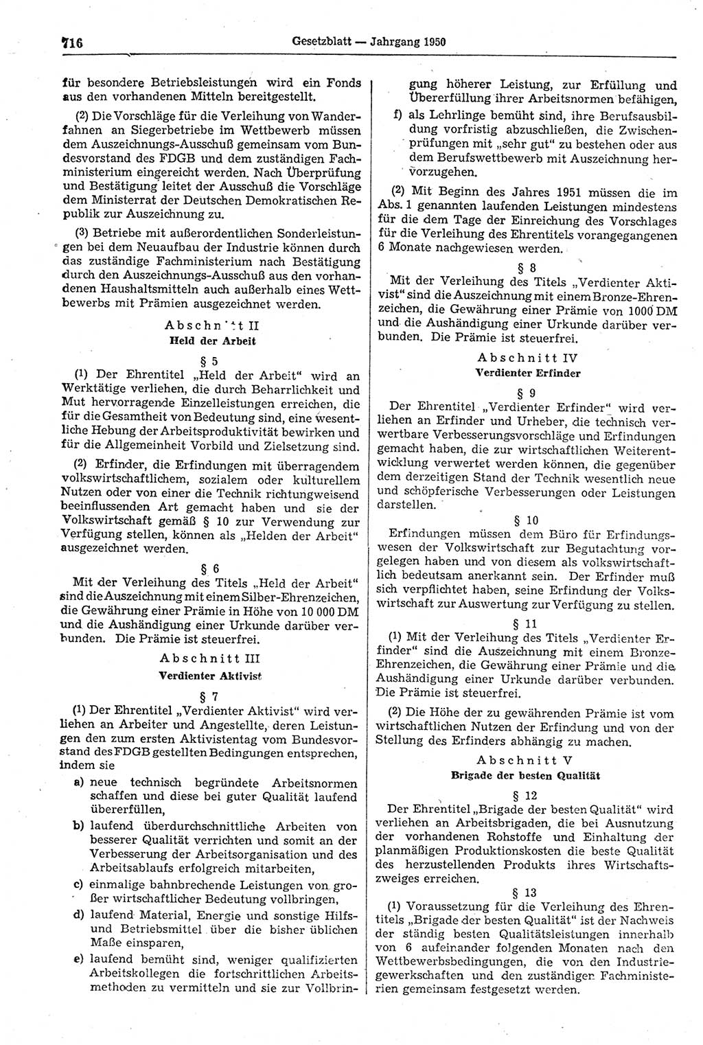 Gesetzblatt (GBl.) der Deutschen Demokratischen Republik (DDR) 1950, Seite 716 (GBl. DDR 1950, S. 716)