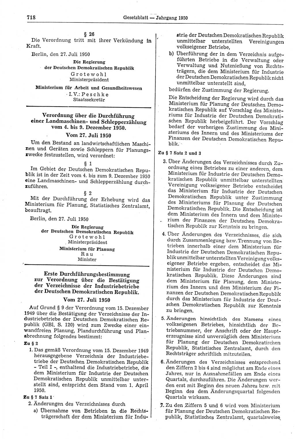 Gesetzblatt (GBl.) der Deutschen Demokratischen Republik (DDR) 1950, Seite 718 (GBl. DDR 1950, S. 718)