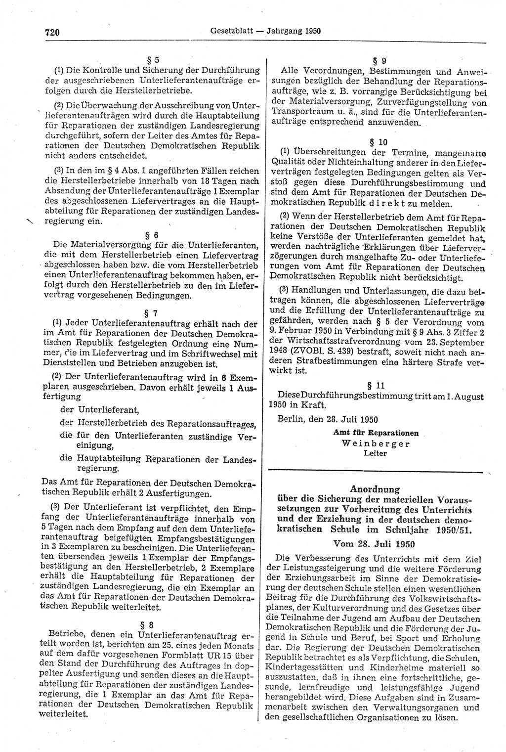 Gesetzblatt (GBl.) der Deutschen Demokratischen Republik (DDR) 1950, Seite 720 (GBl. DDR 1950, S. 720)
