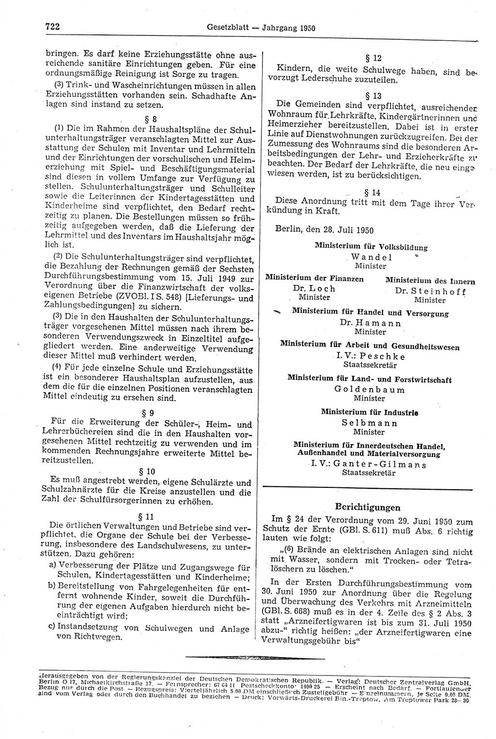 Gesetzblatt (GBl.) der Deutschen Demokratischen Republik (DDR) 1950, Seite 722 (GBl. DDR 1950, S. 722)