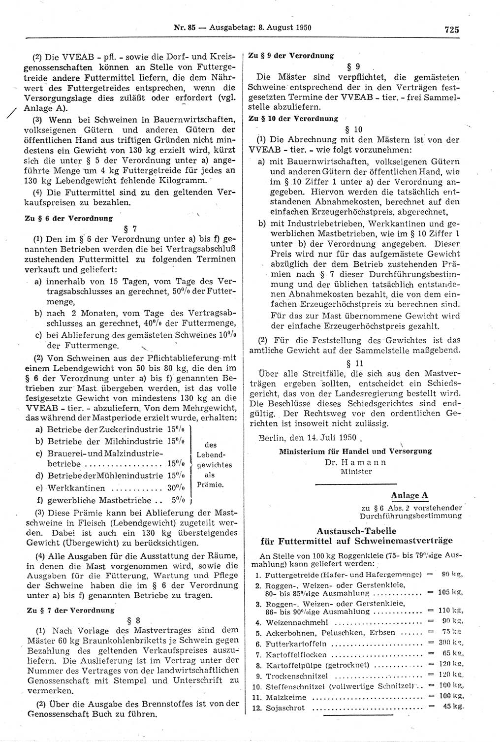 Gesetzblatt (GBl.) der Deutschen Demokratischen Republik (DDR) 1950, Seite 725 (GBl. DDR 1950, S. 725)