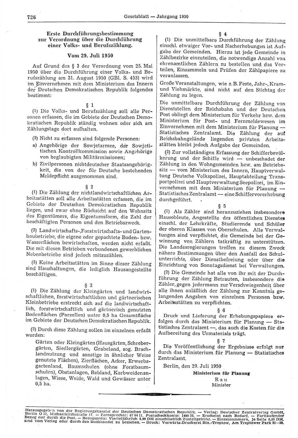 Gesetzblatt (GBl.) der Deutschen Demokratischen Republik (DDR) 1950, Seite 726 (GBl. DDR 1950, S. 726)