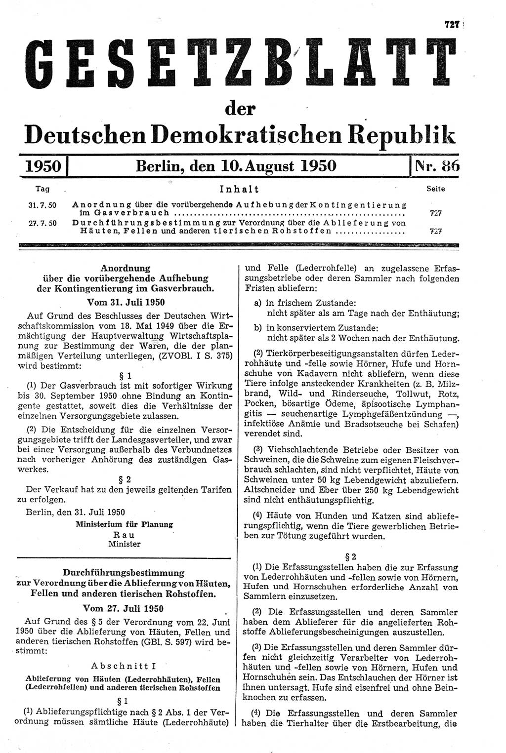 Gesetzblatt (GBl.) der Deutschen Demokratischen Republik (DDR) 1950, Seite 727 (GBl. DDR 1950, S. 727)