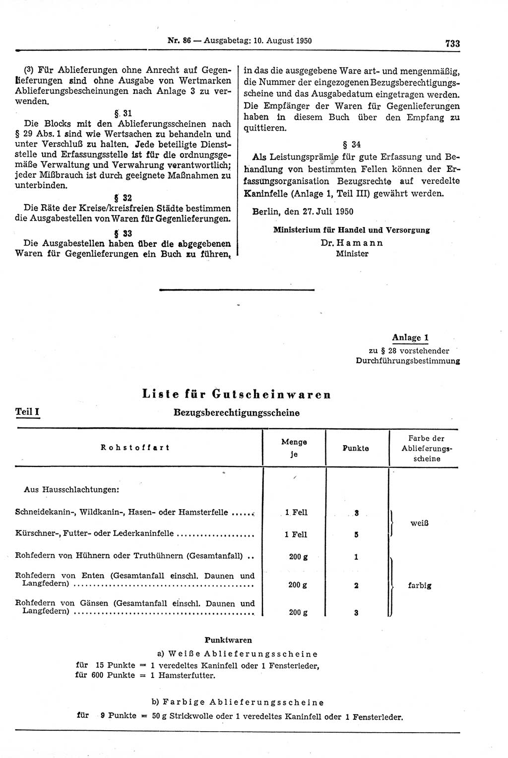 Gesetzblatt (GBl.) der Deutschen Demokratischen Republik (DDR) 1950, Seite 733 (GBl. DDR 1950, S. 733)