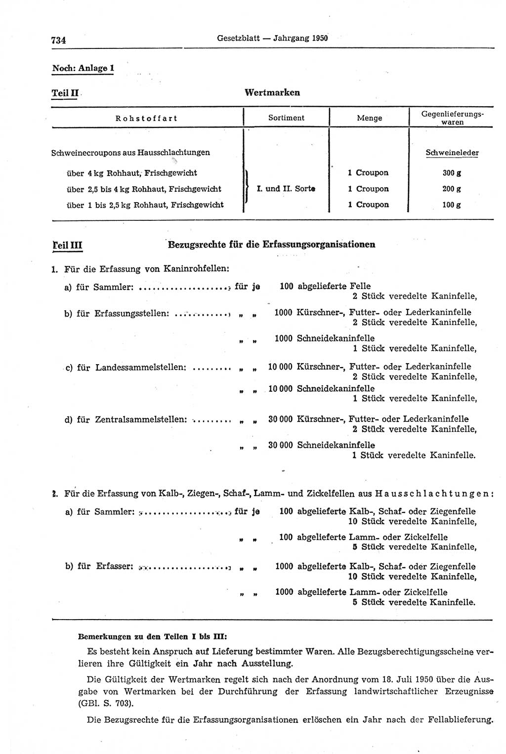 Gesetzblatt (GBl.) der Deutschen Demokratischen Republik (DDR) 1950, Seite 734 (GBl. DDR 1950, S. 734)