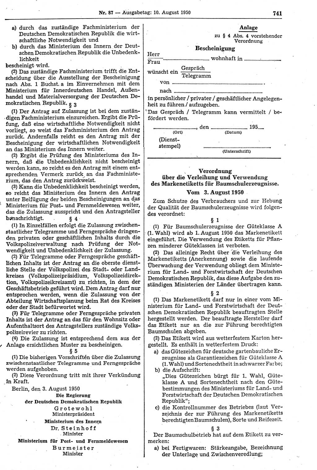 Gesetzblatt (GBl.) der Deutschen Demokratischen Republik (DDR) 1950, Seite 741 (GBl. DDR 1950, S. 741)